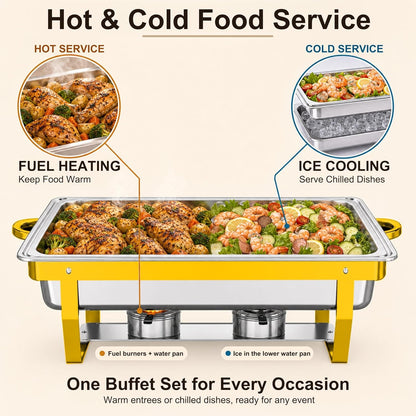 4Pack Rectangular Chafing Dishes for Buffet,Total 36QT Set with 7 Food Pans | Versatile 7 Pan Setup ,450°F Oven-Safe Pans,Hot Cold Food Service,Bonus Tongs,Easy Assembly Storage,Elegant Gold Finish6
