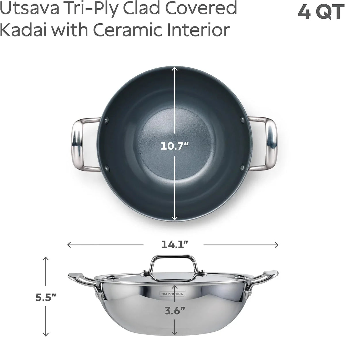 utsava-tri-ply-clad-stainless-steel-4-quart-kadai-with-lid-ceramic-non-stick-interior-induction-ready-large-kadhai-pot-for-indian-cooking