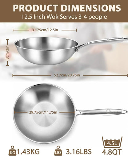 12.5-Inch Tri-Ply Stainless Steel Wok Pan with Lid | Detachable Handle | Stir-Frying Pan | Induction Wok | Dishwasher and Oven Safe | Heavy-Duty | Flat-Bottom3