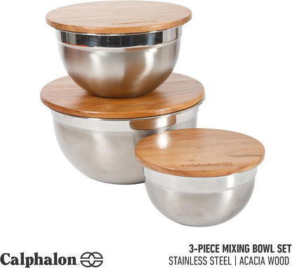 Orbit Mixing Bowl Set, 3-Piece Stainless Steel Mixing Bowls(1.5 Qt, 3 Qt, 5 Qt) with Acacia Wood Lids & Non-Slip Base, Kitchen Prep Bowls for Mixing, Serving & Food Storage2