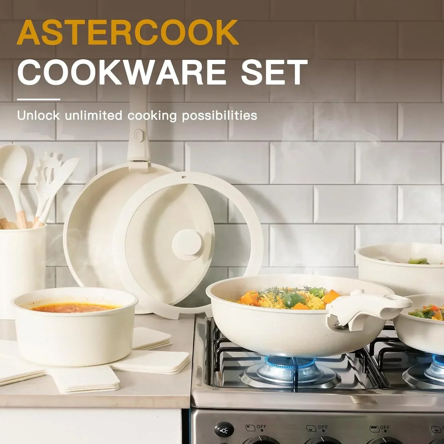 Nonstick cookware set with pots, pans, and bowls on stove in modern tiled kitchen