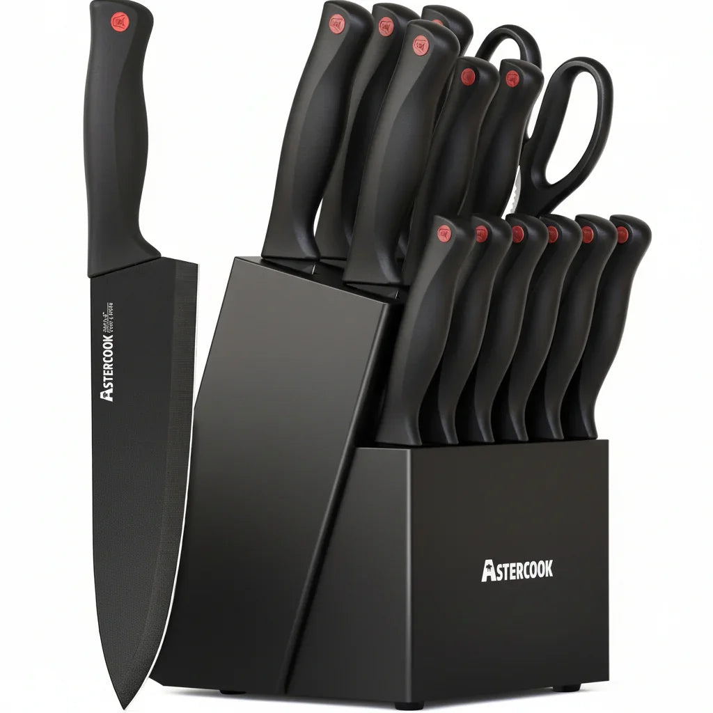 15-Piece Knife Set with Block & Built-In Sharpener, Black