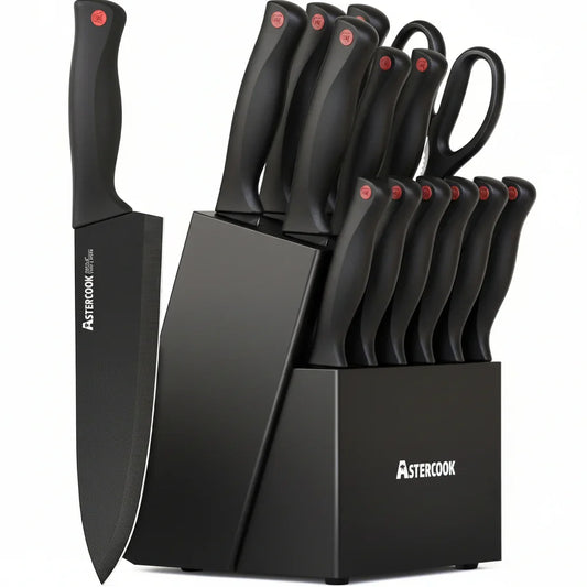 15-Piece Knife Set with Block & Built-In Sharpener, Black
