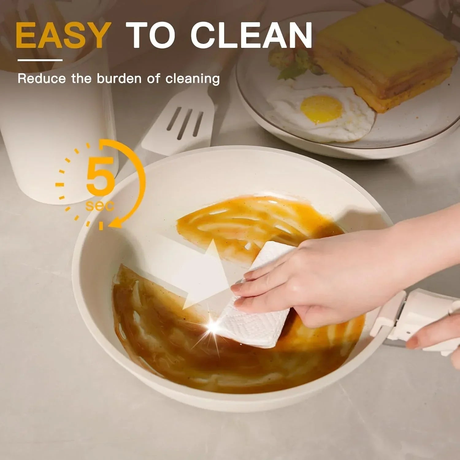 Hand cleaning nonstick frying pan with paper towel, text 'easy to clean' and '5 sec' overlayed.
