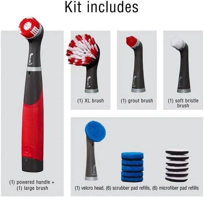 Electric cleaning tool kit with handle, various brushes, velcro head, and refill pads on gray background