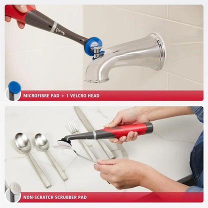 Electric cleaning tool with microfiber pad on faucet and scrubber head for utensils