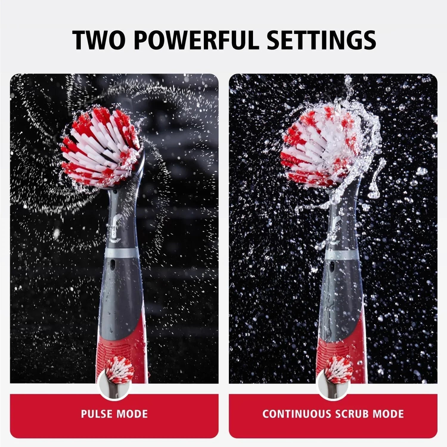 Electric toothbrush with red and white bristles, showing pulse mode and continuous scrub mode on black background.
