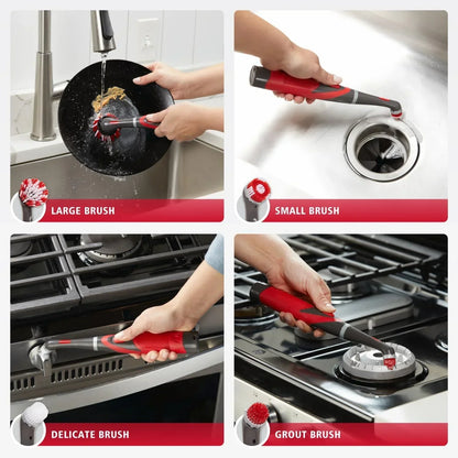 Multi-piece kitchen cleaning brush set used on dishes, sink, knobs, and stovetop grout.