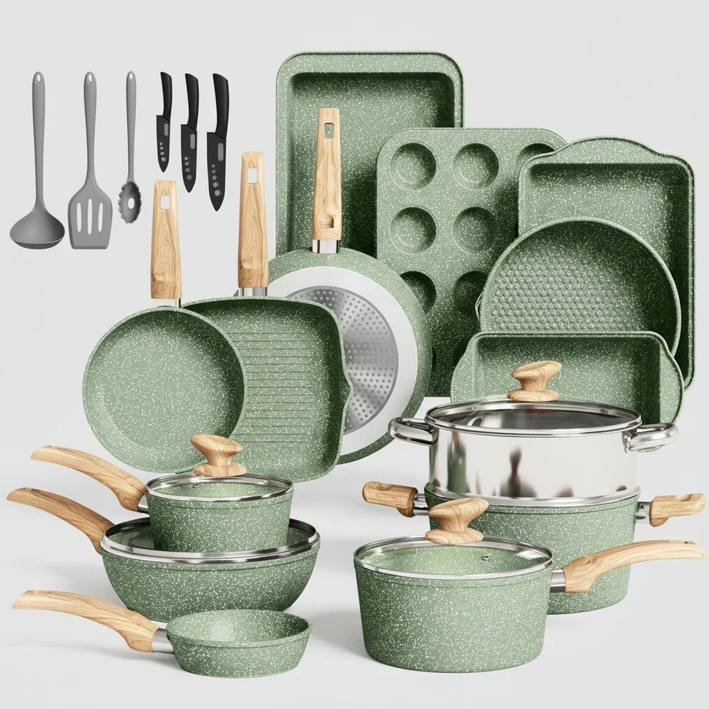 30-Piece Nonstick Granite Cookware & Bakeware Set, Green