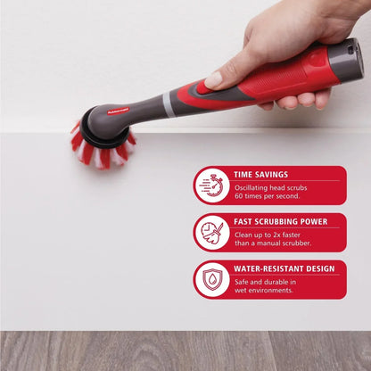 Hand holding a red and gray electric scrubber with highlighted time-saving, fast scrubbing, and water-resistant features on a white background.