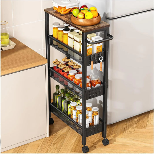 Slim Rolling Storage Cart (4 Tier) w/ Wheels & Wood Top
