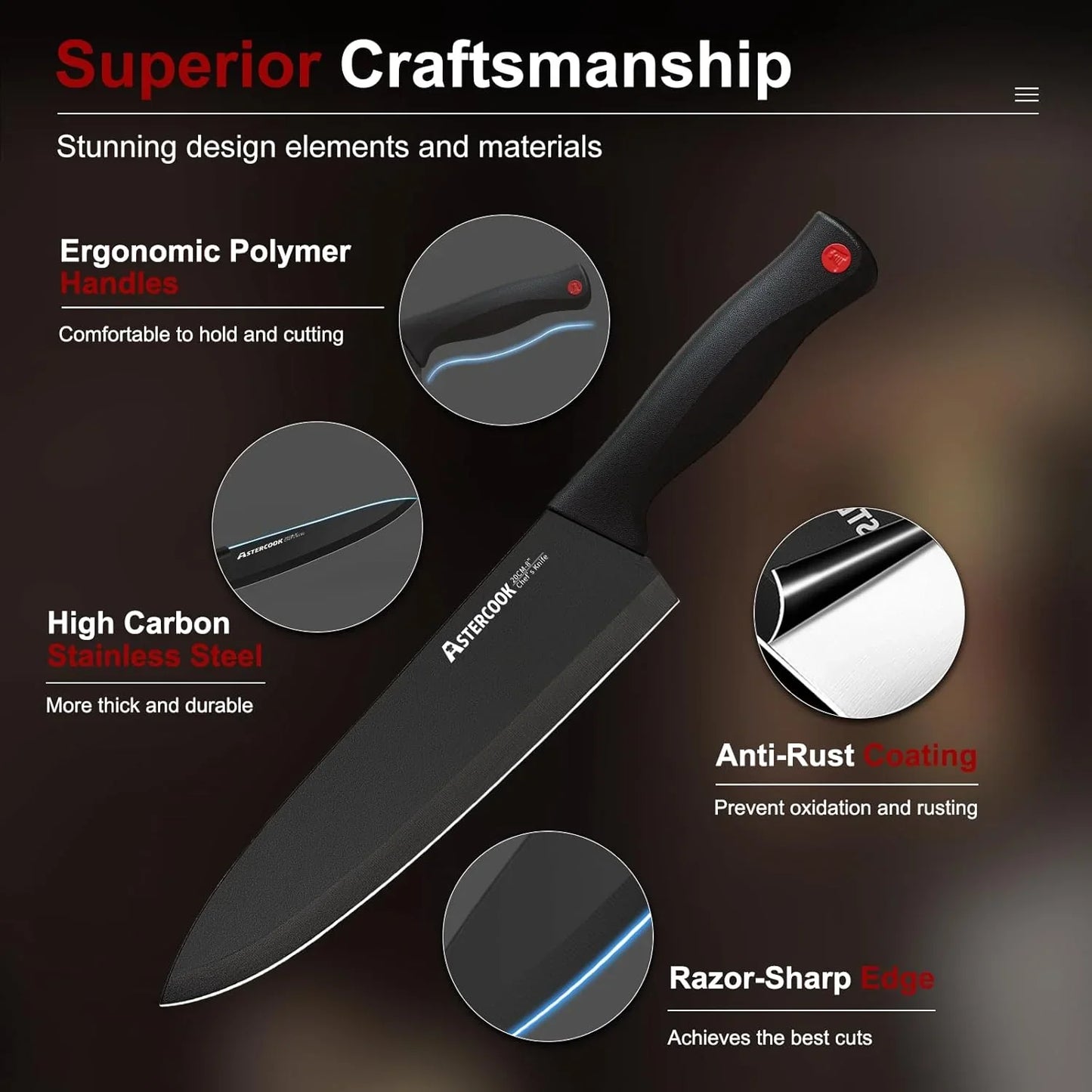 15-Piece Knife Set with Block & Built-In Sharpener, Black