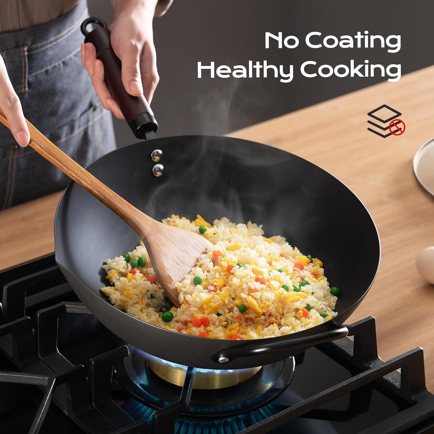 Nonstick flat bottom carbon steel wok 5.8QT filled with vegetable stir-fry