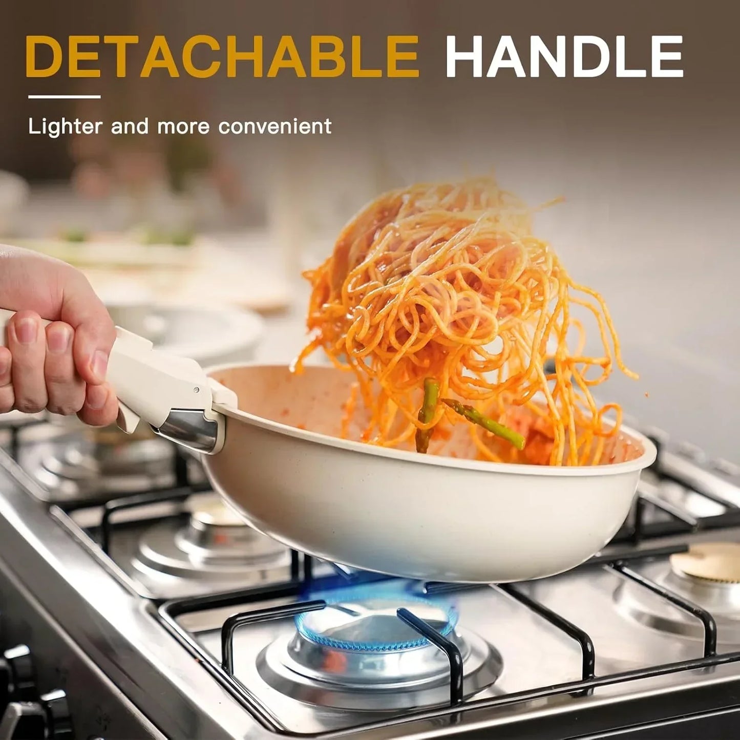 Person serving spaghetti from a nonstick pan with a detachable handle on a gas stove