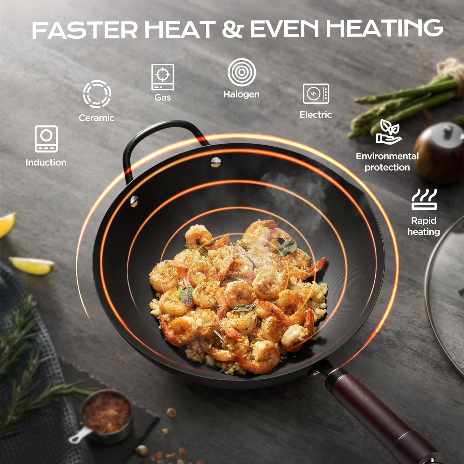 Pre-seasoned carbon steel wok pan on induction cooktop, ready for cooking