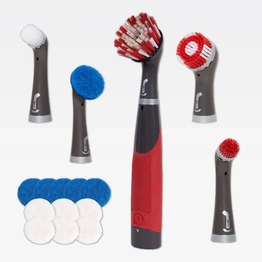 Red electric cleaning brush with multiple interchangeable brush heads on white background