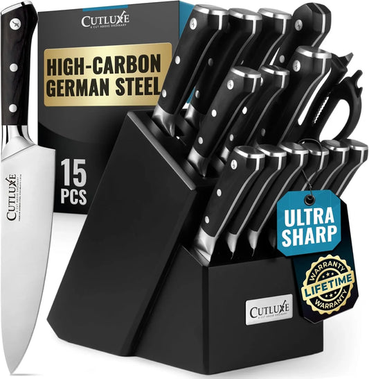 15-Piece Knife Block Set w/ Steak Knives, Shears & Rod
