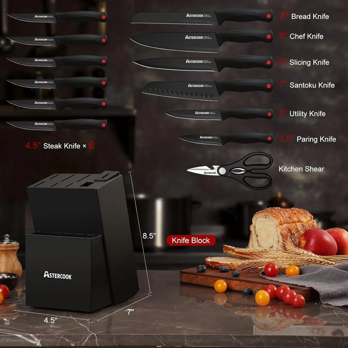 15-Piece Knife Set with Block & Built-In Sharpener, Black