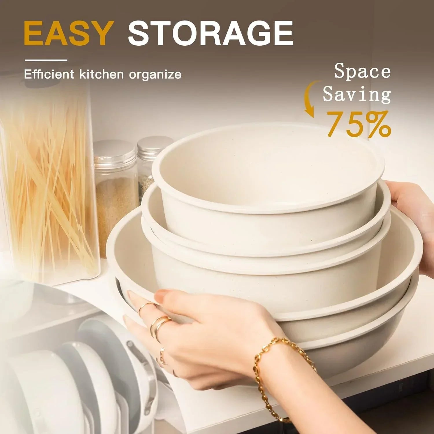 Stack of white nesting bowls on a kitchen shelf, easy storage and space saving text overlay