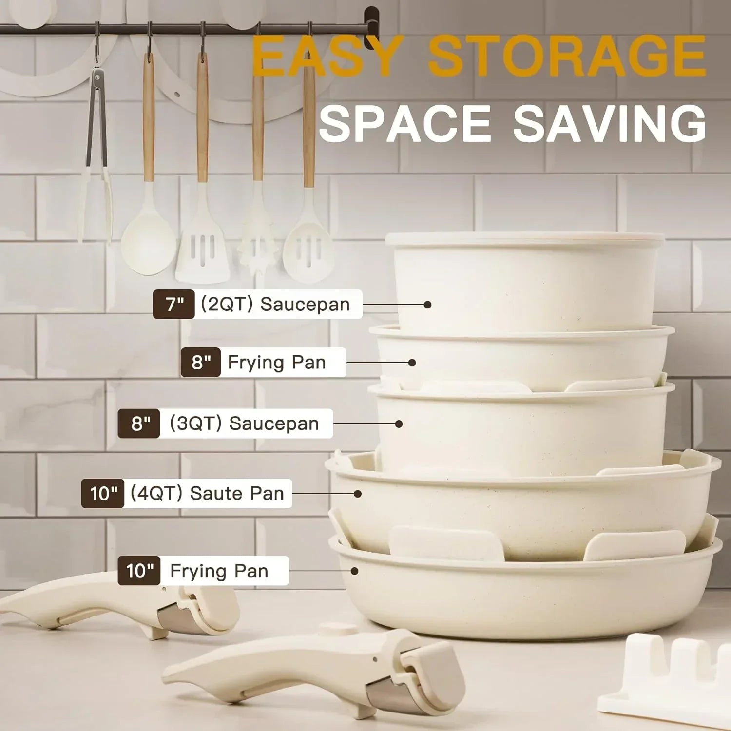 Stacked ceramic cookware set with labeled sizes and detachable handles for space-saving storage.