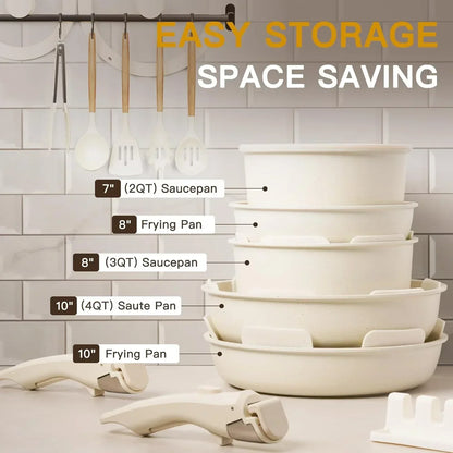 Stacked ceramic cookware set with labeled sizes and detachable handles for space-saving storage.