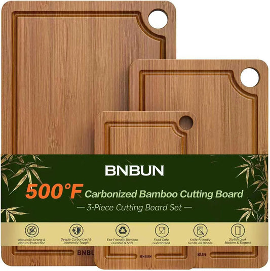 3-Piece Bamboo Cutting Board Set w/ Juice Grooves & Handles