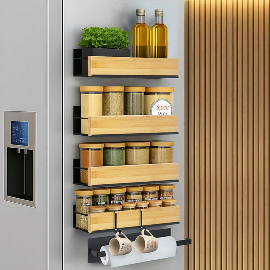 4-Pack Magnetic Spice Racks for Fridge + Towel Holder & Hooks