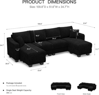 U Shaped Couch with Reversible Chaises Sectional Couches for Living Room Sectional Couch with Ottomans Corduroy (Black, U Shaped)2