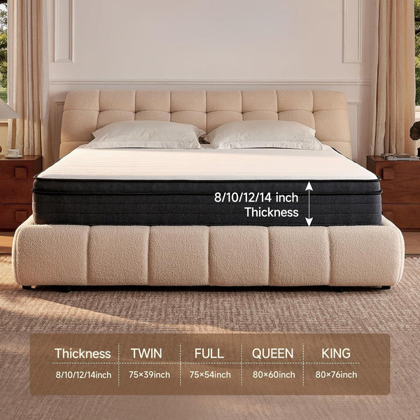 Queen Size Mattresses, Queen Mattress 12 Inch Hybrid Bed, Gel Memory Foam Pocket Coils, Full Zoned Support, Partner Disturbance Reduction, Certipur-Us Certified9