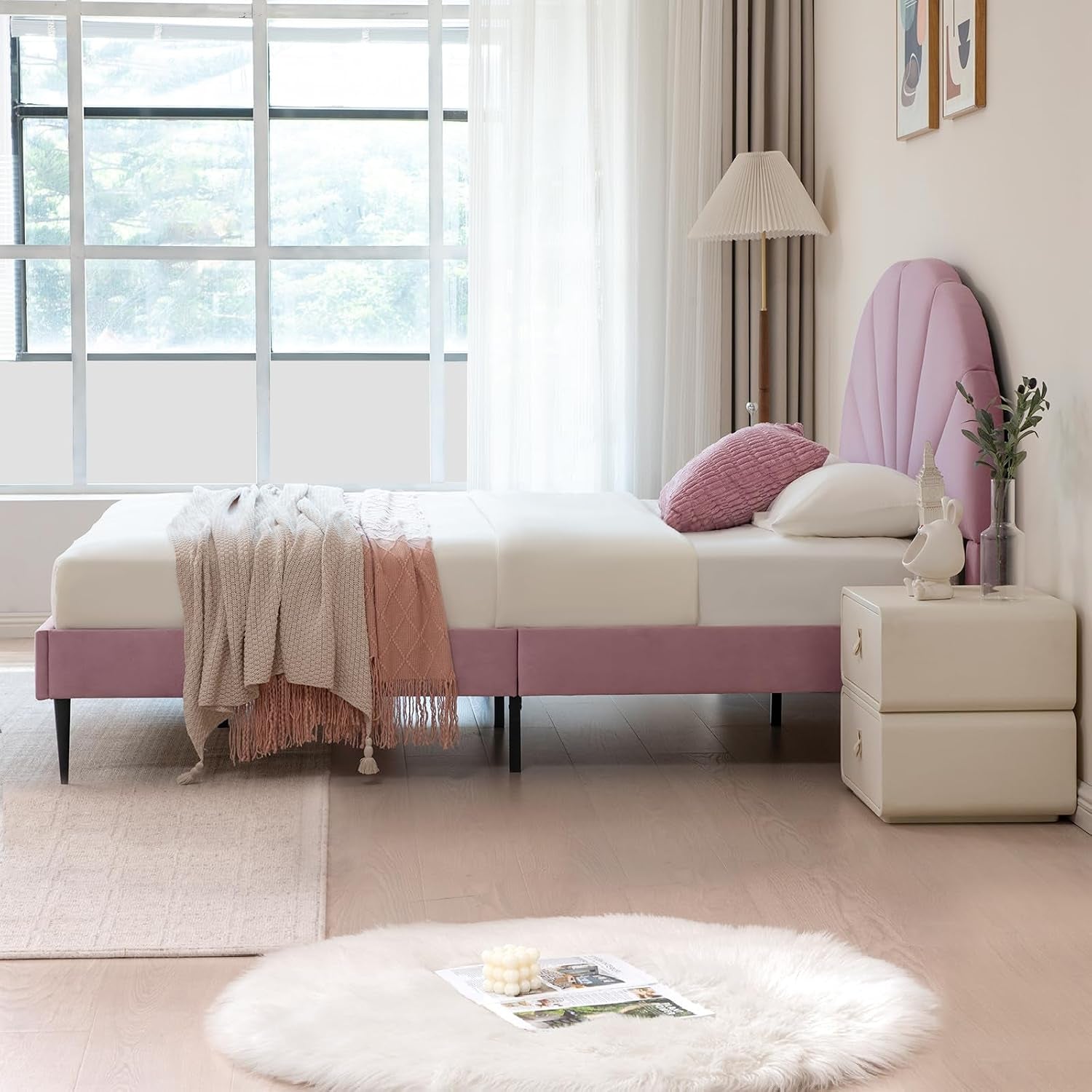 pink-bed-frame-full-size-aesthetic-upholstered-bed-with-unique-seashell-headboard-soft-velvet-platform-bed-strong-wooden-slats-support-no-box-spring-needed-heavy-duty-easy-to-assemble