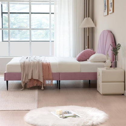 Pink Bed Frame Full Size, Aesthetic Upholstered Bed with Unique Seashell Headboard, Soft Velvet Platform Bed, Strong Wooden Slats Support, No Box Spring Needed, Heavy Duty, Easy to Assemble6