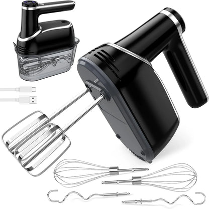 Cordless Electric Hand Mixer, 12-Speed with Storage Case, Black | Rechargeable, Eject Button, LED, Self-Stand, 6×304 Stainless Attachment, Overheat Protection, Quiet for Baking Dough Cake Egg1