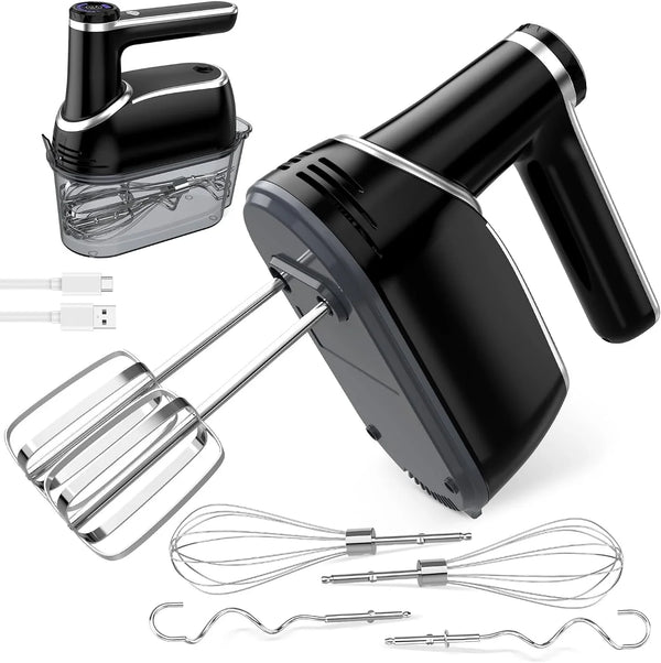 Cordless Electric Hand Mixer, 12-Speed with Storage Case, Black | Rechargeable, Eject Button, LED, Self-Stand, 6×304 Stainless Attachment, Overheat Protection, Quiet for Baking Dough Cake Egg1