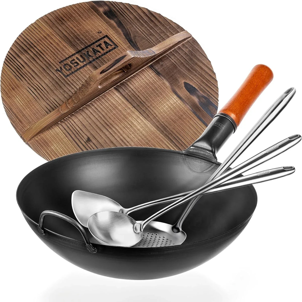 carbon-steel-wok-pan-13-5-stir-fry-pans-17-wok-spatula-and-ladle-skimmer-spoon-premium-cover-13-5-inch-lid