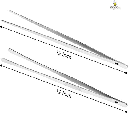 2PCS 12" Stainless Steel Kitchen Tongs Tweezers with Serrated Tips | Precision Grip, Chef Grade, Sturdy Kitchen Utensils, for Serving Food Pasta Salad, Suitable for Grill BBQ Culinary Use2