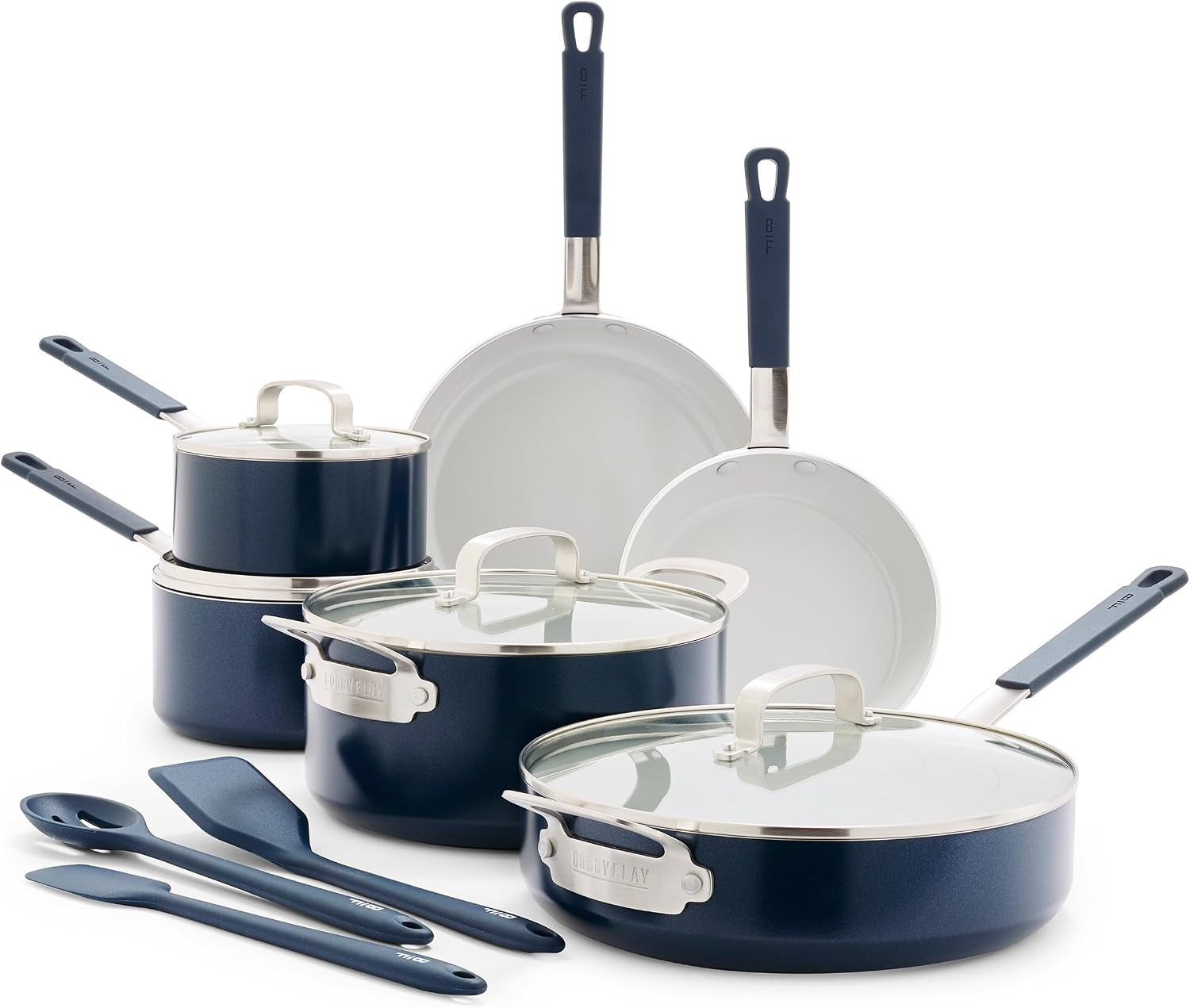 x-bobby-flay-13-piece-nonstick-cookware-pots-and-pans-set-pfas-free-diamond-ceramic-induction-suitable-easy-clean-dishwasher-oven-safe-stay-cool-silicone-handles-glass-lids-navy-blue
