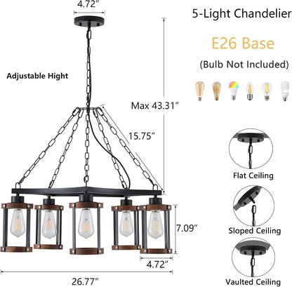 5-Light Living Room Light Fixture, Rustic Mini Chandelier for Dining Room5