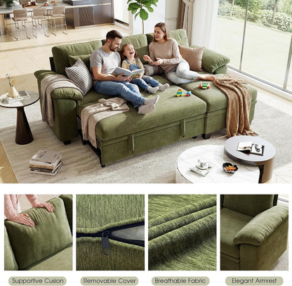 86" Modular Sectional Sleeper Sofa Bed, L Shaped 4 Seat Pull Out Couch with Storage Ottoman, Convertible Cloud Couch Bed, Sectional Couches for Living Room, Apartment (Green)7