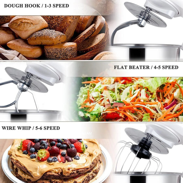 Stand Mixer 5-QT, 6+P Speed Tilt-Head Food Mixer 300W Dough Mixer with Stainless Steel Bowl,Dough Hook,Flat Beater&Whisk Electric Kitchen Mixer for Household Baking, Anti-Slip(Pearl White)2