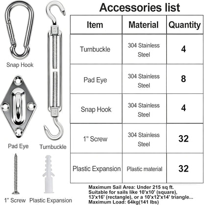 80Pcs Shade Sail Hardware Kit 6 Inch for Triangle Rectangle Sun Shade | Sun Shade Hardware Kit, 304 Grade Stainless Steel Turnbuckles & Brackets for Outdoor Patio Shade Canopy Tarp6