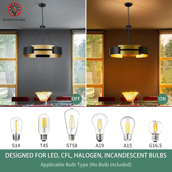 26" Industrial Modern Chandelier, 5-Light Black & Gold Drum Pendant5
