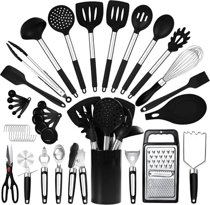 40Pcs Silicone Cooking Utensils Set 446℉ Heat Resistance,  BPA Free Kitchen Utensils Set for Nonstick Cookware, Gadgets Includes Can Opener, Potato Smasher,Peeler,Tongs,Spatula Set,Pizza Cutter1