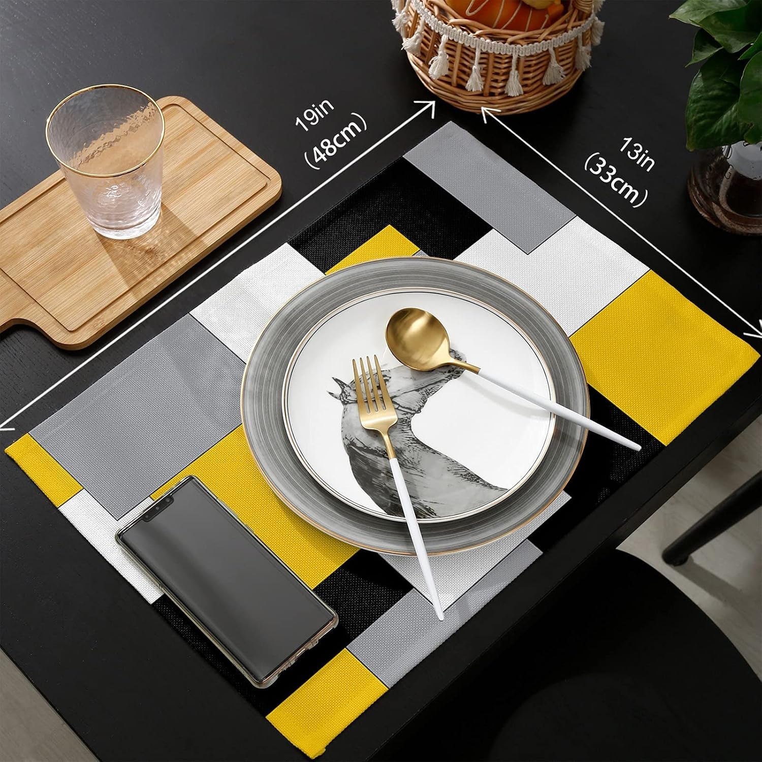 table-runner-with-placemats-set-of-6-yellow-grey-black-splicing-color-block-cotton-linen-kitchen-dining-mats-non-slip-table-cover-13x70-table-mats-set-for-dresser-dining-table-abstract-modern-art
