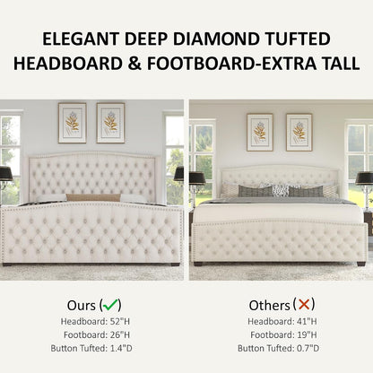 Queen Size Bed Frame with Velvet Upholstered Wingback Headboard6