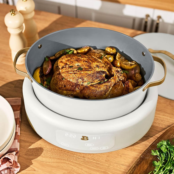 8 QT 10-In-1 Programmable Multi-Cooker with Bamboo Steamer, Electric Dutch Oven, Slow Cooker, Searing Pot & Rice Cooker, Non-Toxic Ceramic (White Icing)8