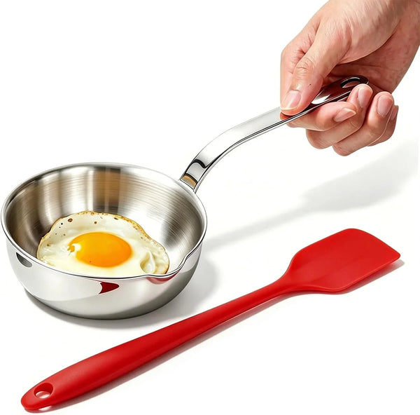 5.1 Inch Mini Egg Pan Stainless Steel Sauce Pan Omelet Pan with Pour Spout | 1/2 Quart Frying Pan, SUS304 Stainless Steel Mini Skillet for Egg Frying Pan, Butter Warmer, with 11" Scraper, Red1