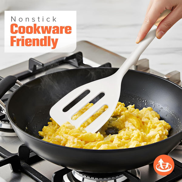 Extra Large Silicone Spatula Turner Set with Wooden Handle (White)2