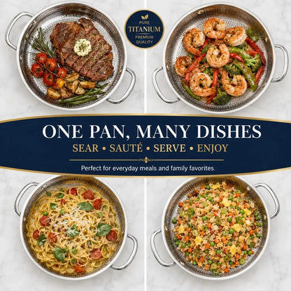 Titanium Hammered Pan, Upgrade Double Handle No Coating Non-Stick Titanium Cookware, Ultra-Durable, Scratch-Resistant, Even Heating Frying Pans, Compatible with All Cooktops,11.02In/Lid8