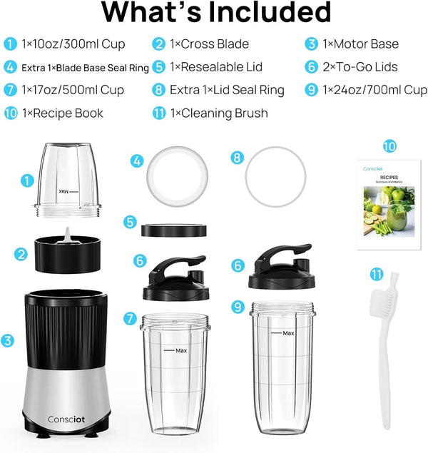 11-Piece Blender for Kitchen and Personal Size, 900 Peak Watts | Blend Shakes & Smoothies, Frozen Drinks, Baby Food, Spreads & More, 3 Portable Bpa-Free To-Go Cups, 2 Spout-Lids & 1 Flat-Lid8
