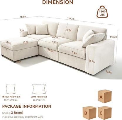 Cloud Sectional Couches for Living Room, 110" Large Modular Sectional Sofa with Wide Deep Seat, L Shaped Couch with Throw Pillow and Storage Ottoman, Beige2